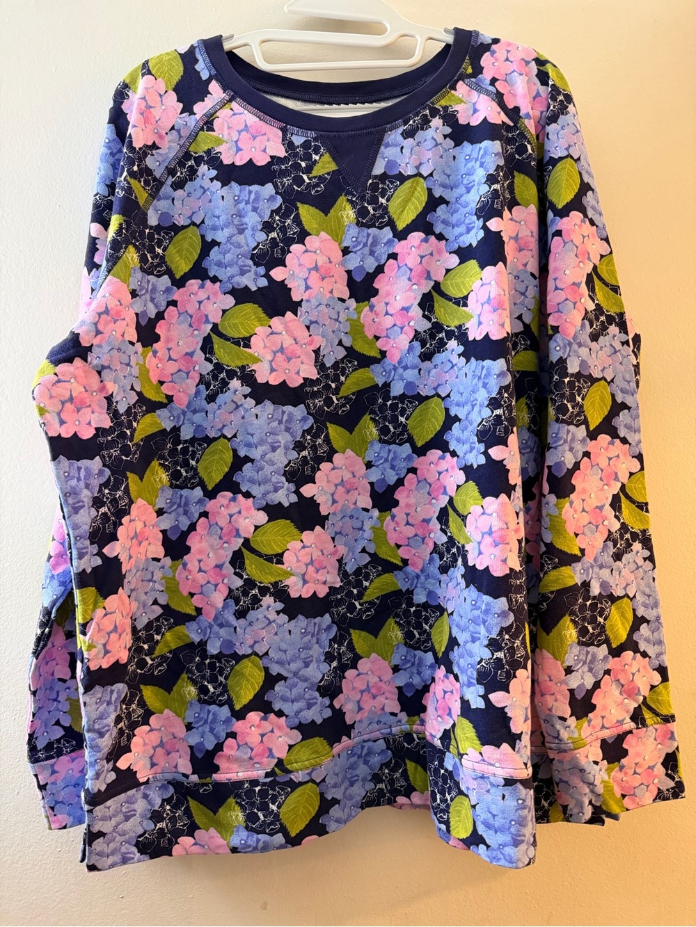 Real Comfort Hydrangea Floral Sweatshirt 1X Navy Pink Blue 100% Cotton
